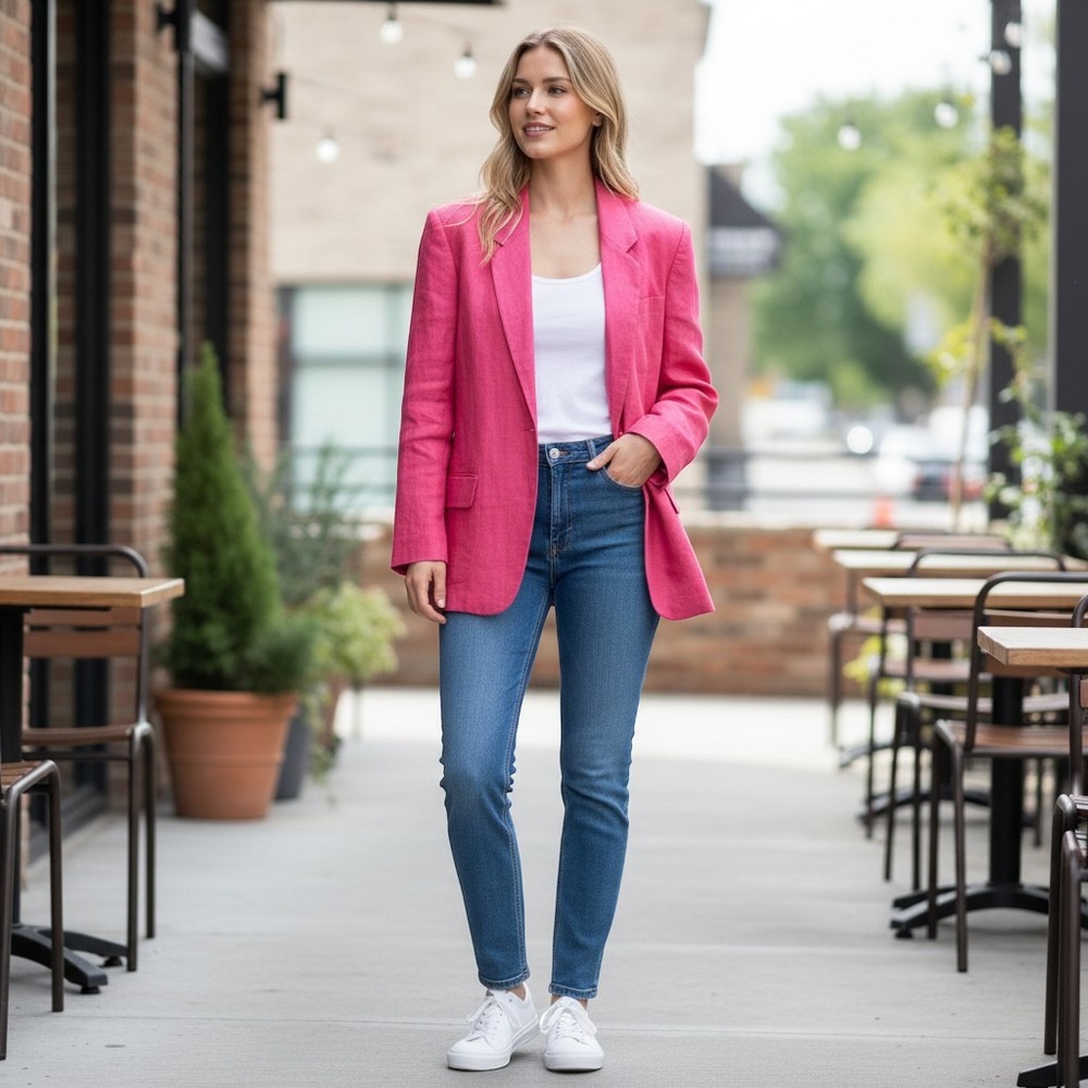 Talbots Blazer Women 12 Pink 100% Linen Single Button Vintage Jacket